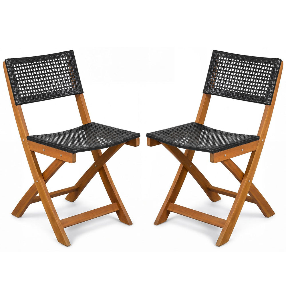 Set of 2 outdoor folding chairs featuring a sturdy acacia wood frame and breathable black PE rattan for patio use.