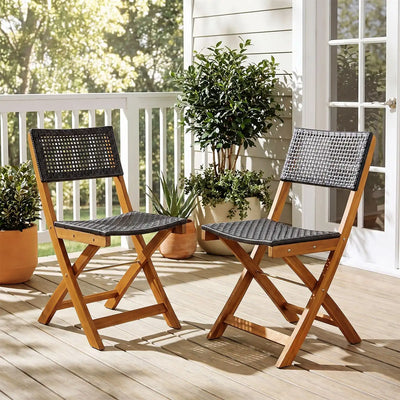 Costway Set of 2 Outdoor Folding PE Rattan Patio Dining Chairs Acacia Wood Frame 33826127 New