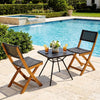 Two outdoor folding chairs made of PE rattan and acacia wood frame, perfect for patio or poolside relaxation.
