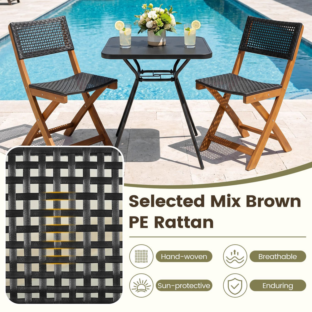 Set of 2 outdoor folding chairs made of hand-woven mix brown PE rattan and sturdy acacia wood frame for patio use.