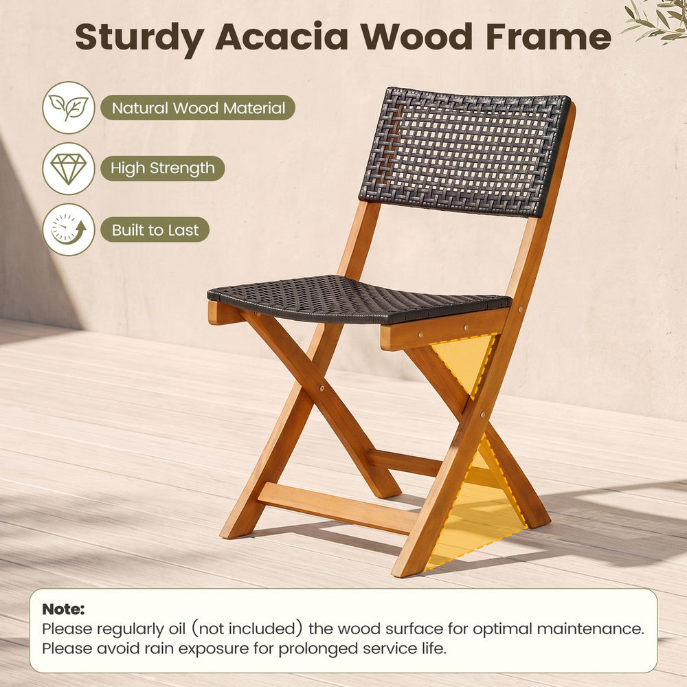 Folding outdoor chair made of sturdy acacia wood and breathable PE rattan, perfect for patio or balcony use.