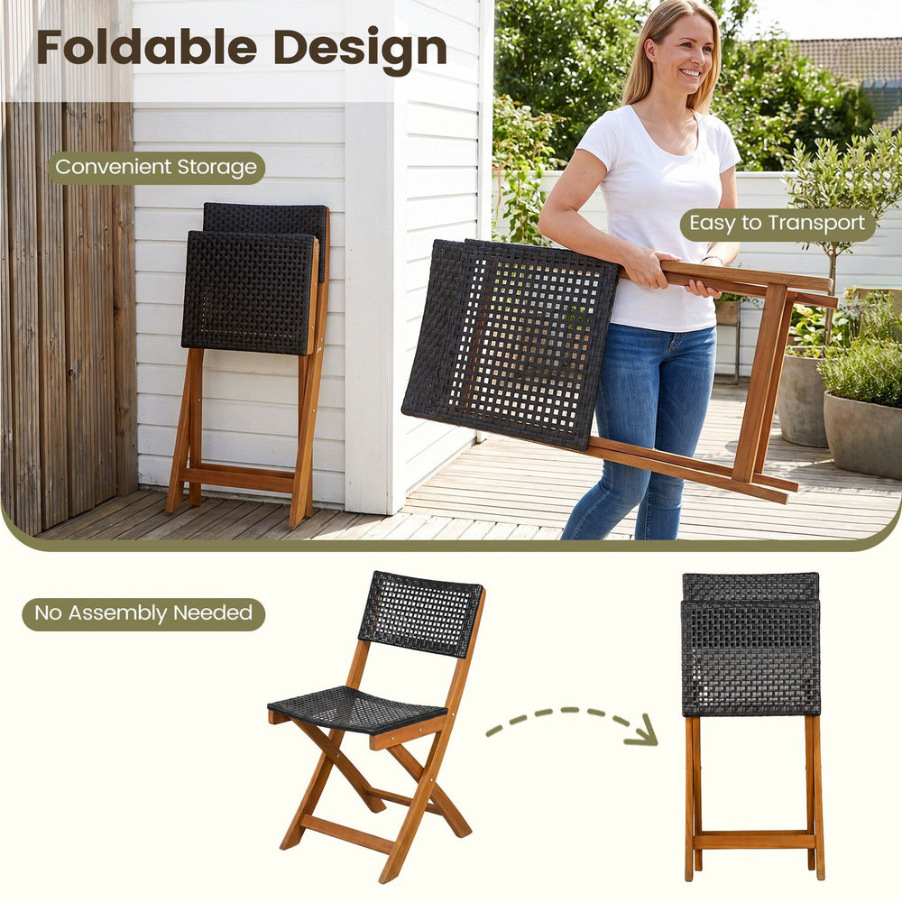 Folding outdoor chair made of brown PE rattan and acacia wood, ideal for easy transport and storage on patios or balconies.