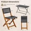 Dimensions of a set of 2 outdoor folding chairs made of PE rattan and acacia wood, ideal for patio or balcony use.