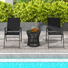 Black outdoor folding sling chairs set of 4 with armrests beside a pool, ideal for comfortable outdoor relaxation.