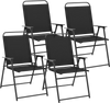 Set of 4 black outdoor folding sling chairs with armrests, featuring a comfortable fabric surface for easy maintenance.