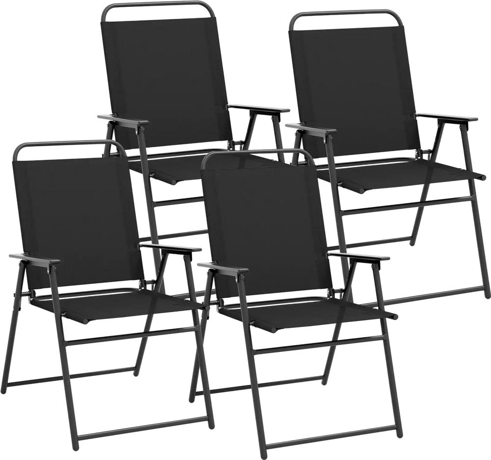 Set of 4 black outdoor folding sling chairs with armrests, featuring a comfortable fabric surface for easy maintenance.
