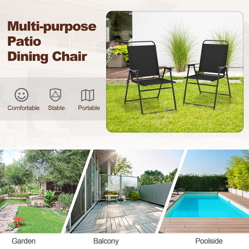 Black outdoor folding sling chairs set of 4 with armrests, perfect for garden, balcony, or poolside use.