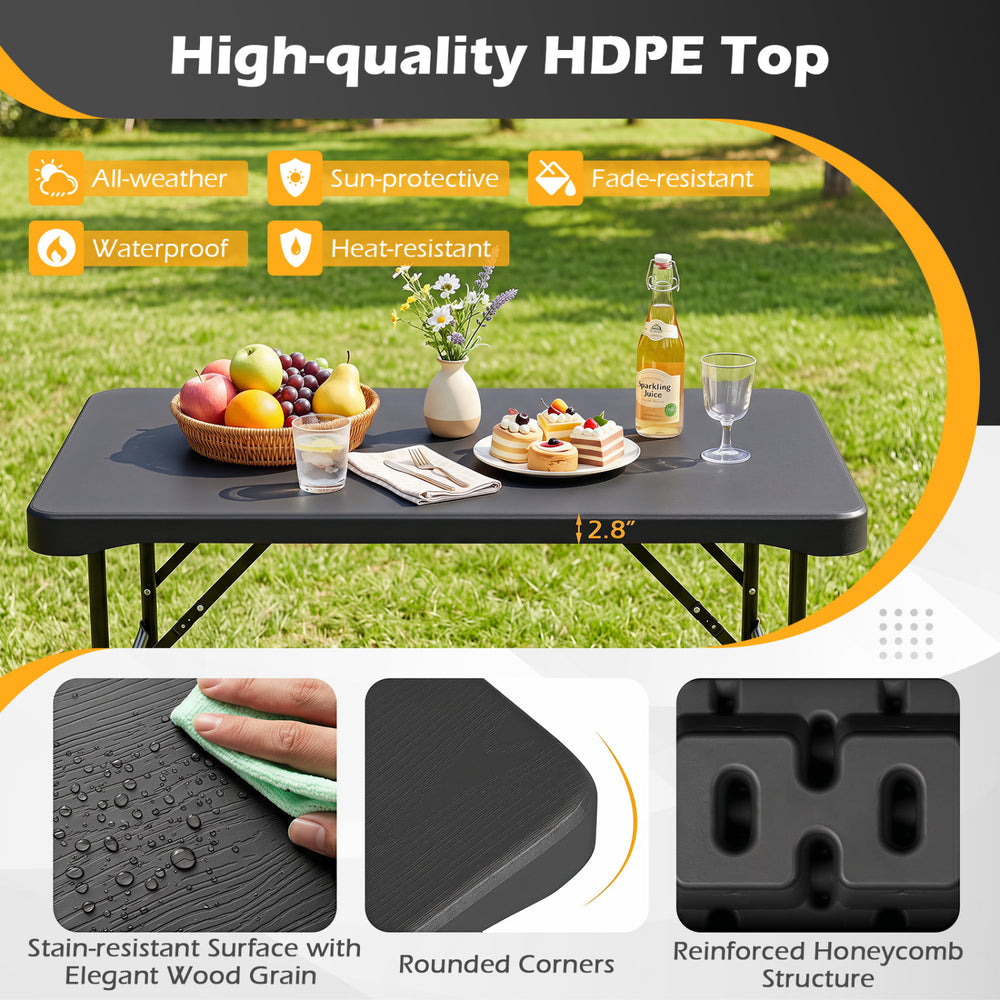 Outdoor folding table with all-weather HDPE tabletop, sturdy metal frame, and elegant wood grain design for versatile use.