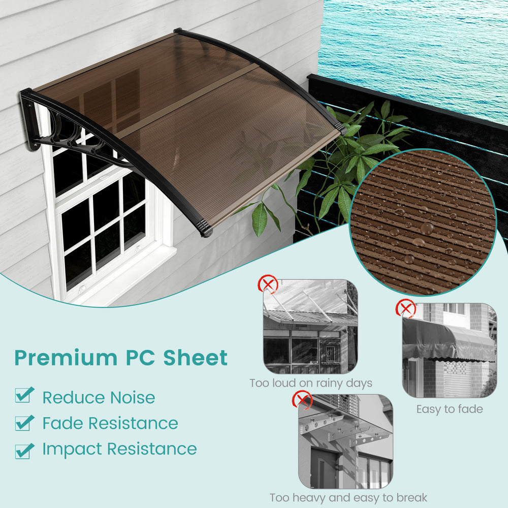 Outdoor patio awning made of sturdy PC sheets, 40 x 40 inches, providing sunlight and rain protection with fade.