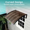 Curved outdoor awning with impact-resistant PC panels, providing sunlight and rain protection for front doors.