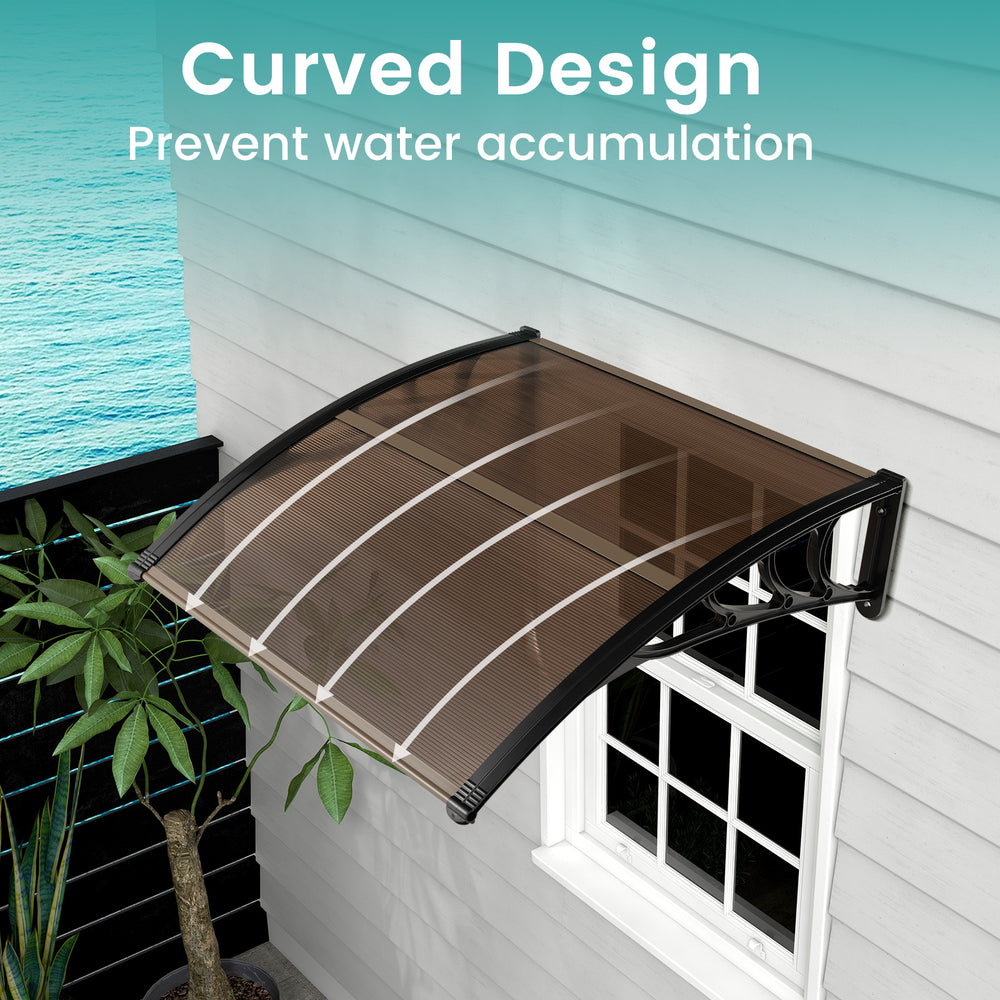 Curved outdoor awning with impact-resistant PC panels, providing sunlight and rain protection for front doors.