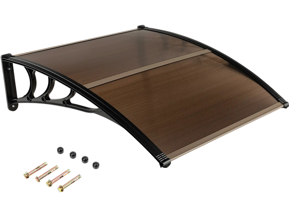 Curved outdoor patio awning made of impact-resistant PC panels, 40 x 40 inches, for sunlight and rain protection.