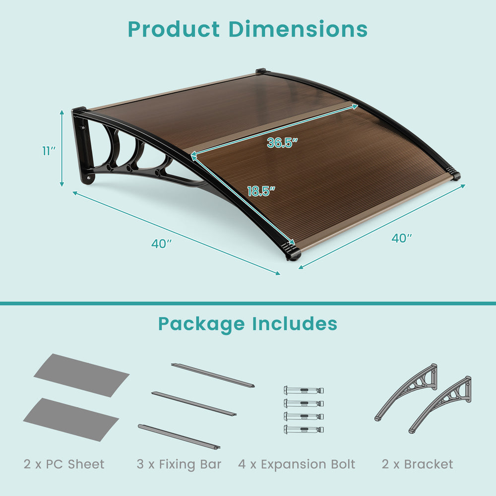 Outdoor front door patio awning dimensions 40 x 40 inches, featuring impact-resistant PC panels for weather protection.