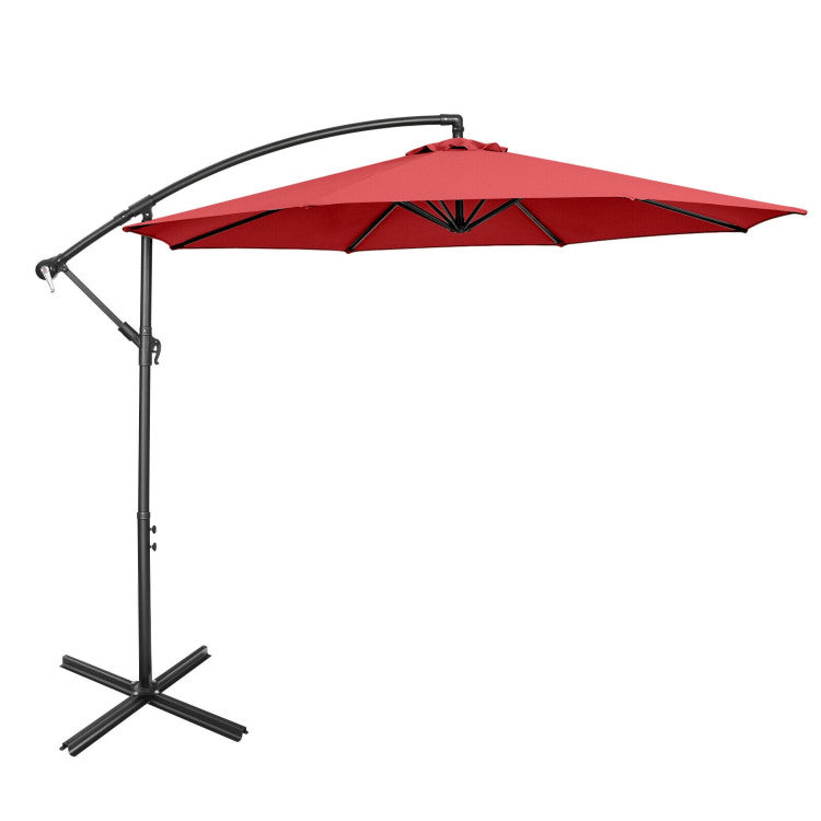 Red patio umbrella with a sturdy base, perfect for outdoor furniture sets and providing shade for patio relaxation.