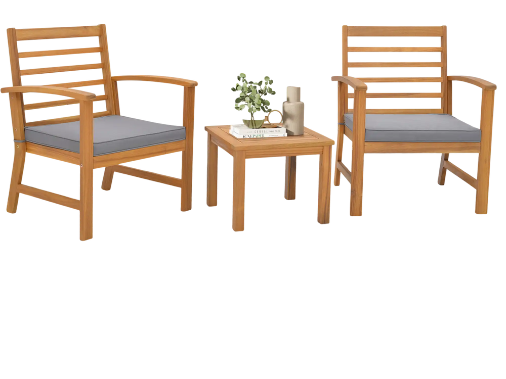 Two acacia wood chairs with gray cushions and a matching table, perfect for outdoor relaxation on the porch or patio.