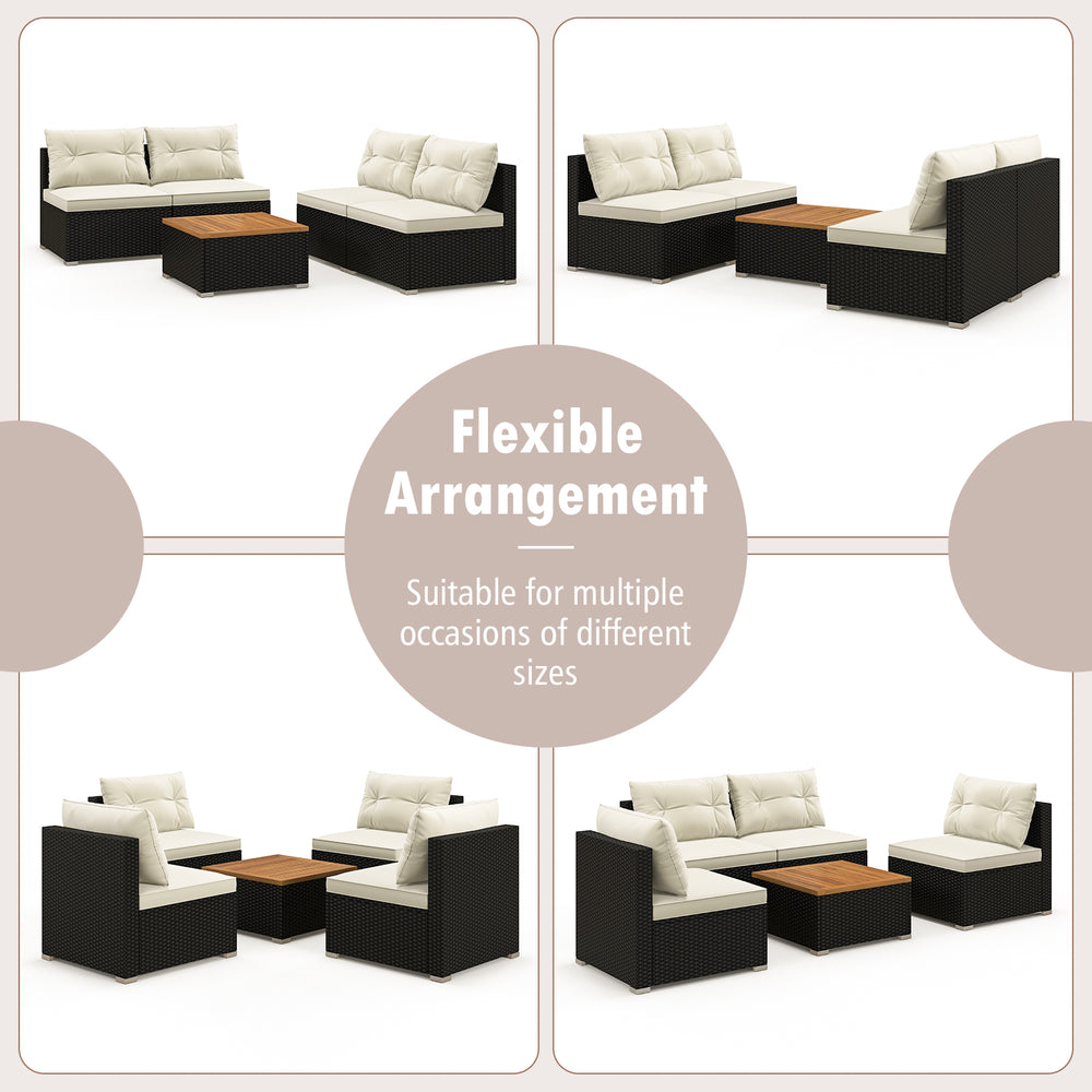 5-piece outdoor furniture set featuring premium PE rattan, soft off-white cushions, and a solid tabletop for versatile.