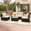 L-shaped outdoor seating with soft off-white cushions and premium PE rattan, perfect for versatile backyard.