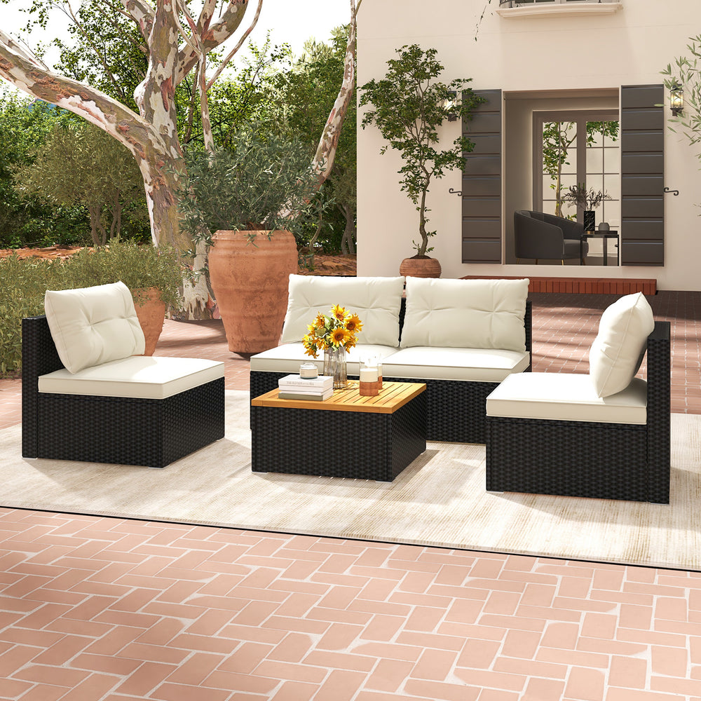 L-shaped outdoor seating with soft off-white cushions and premium PE rattan, perfect for versatile backyard.