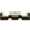 5-piece outdoor furniture set showcasing L-shaped seating with off-white cushions, perfect for poolside comfort and.