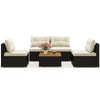 5-piece outdoor furniture set featuring premium PE rattan, soft off-white cushions, and a solid tabletop for backyard.