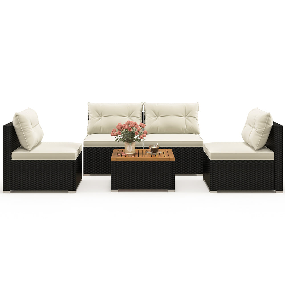 5-piece outdoor furniture set featuring premium PE rattan, soft off-white cushions, and a solid tabletop for backyard.