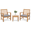 Two acacia wood chairs with gray cushions and a matching table, perfect for outdoor relaxation in your backyard or.