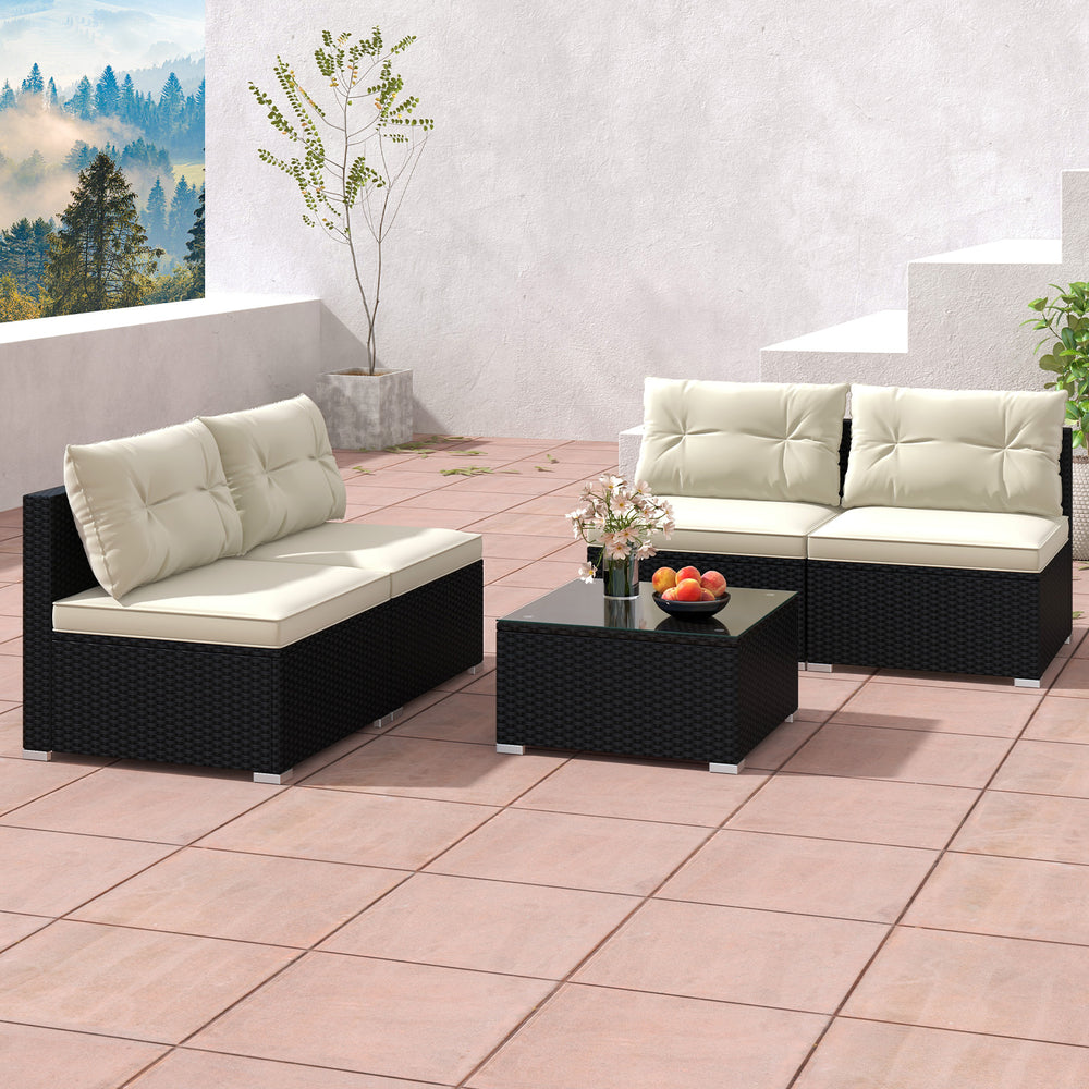 5-piece outdoor patio furniture set featuring black PE wicker, soft cushions, and a coffee table, perfect for garden.