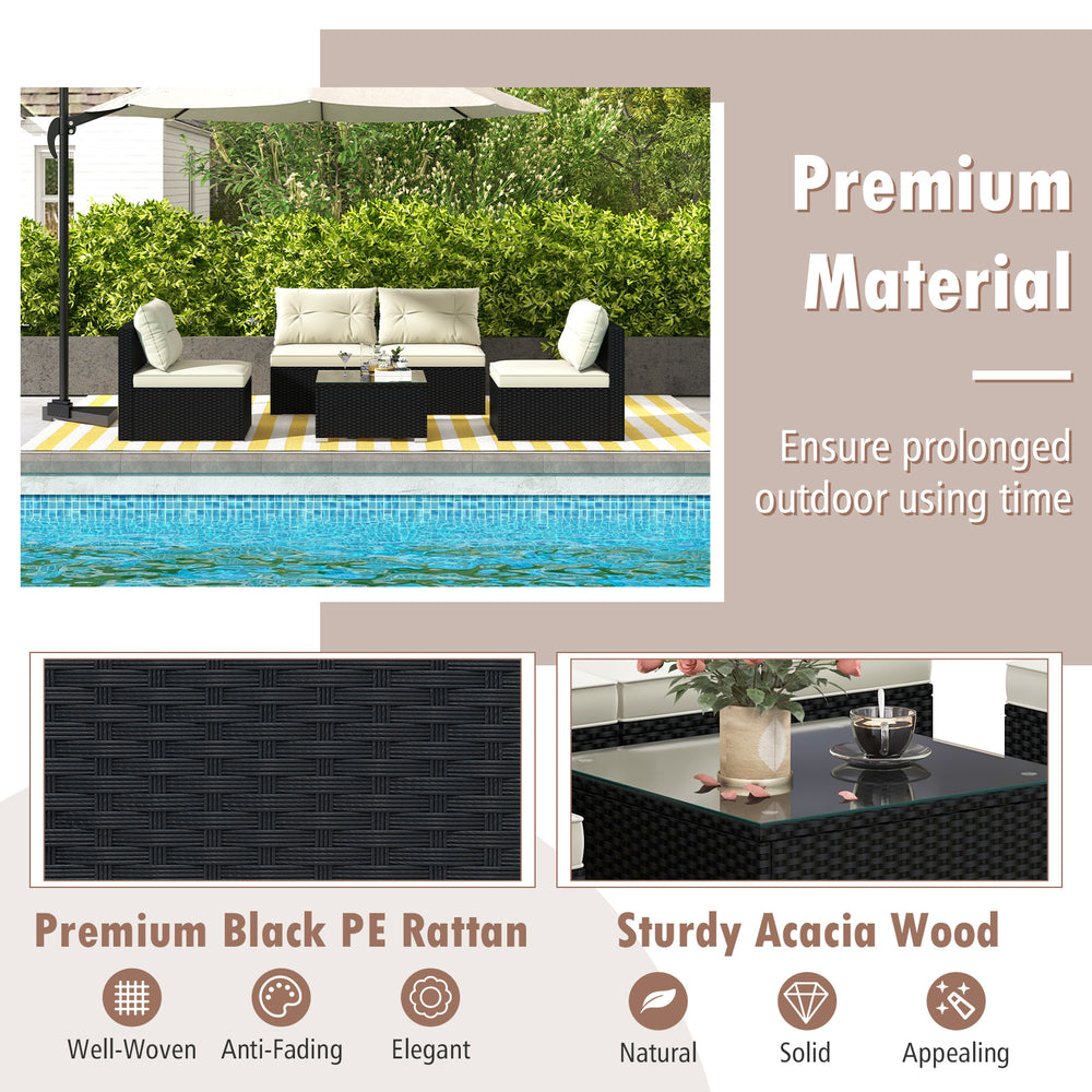 5-piece outdoor patio furniture set featuring durable black PE rattan and soft cushions, perfect for garden relaxation.