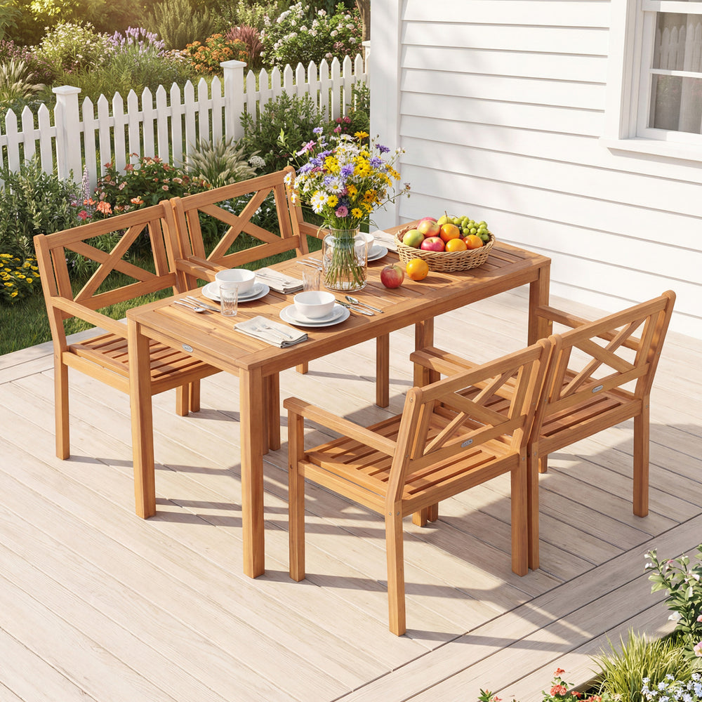 Set of 2 outdoor acacia wood dining chairs with ergonomic backrest and slatted design, perfect for patio relaxation.