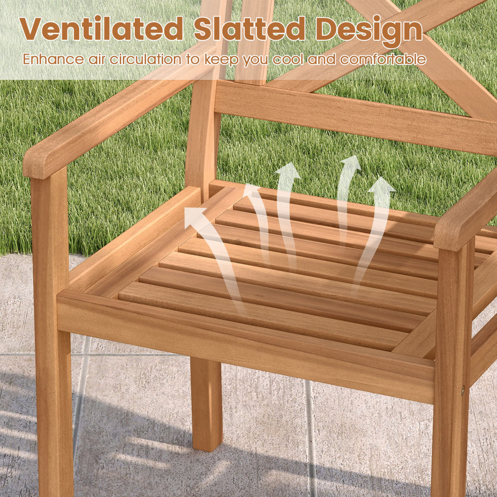 Ventilated slatted design of acacia wood patio dining chair enhances airflow for cool and comfortable outdoor seating.