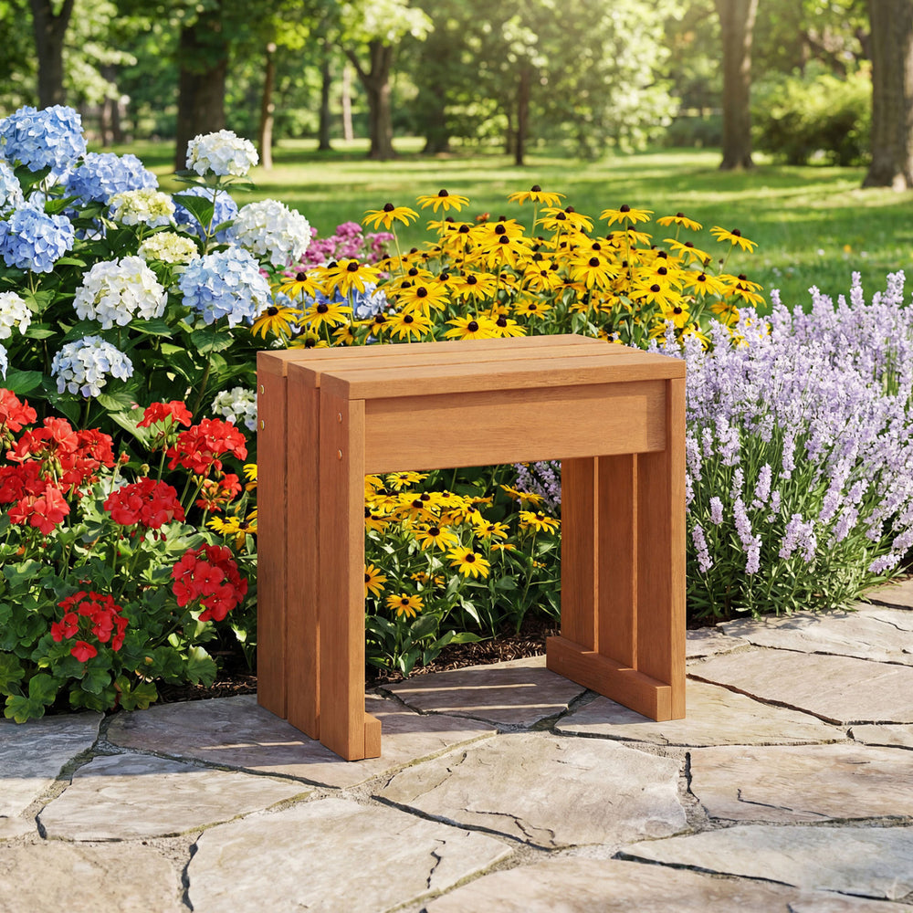 Single person outdoor garden bench with solid wooden frame, featuring a rustic design for versatile patio use.
