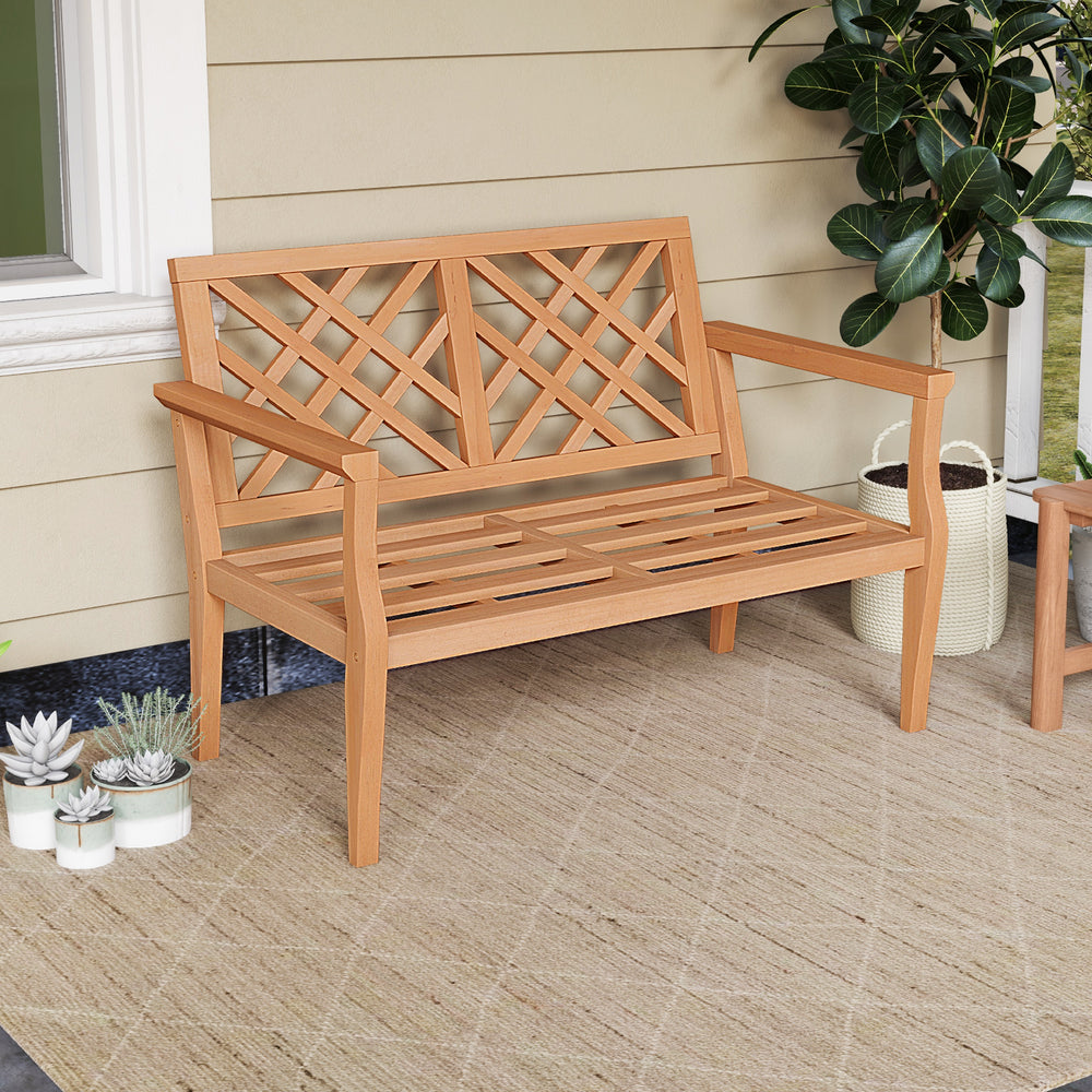 Teak wood outdoor garden bench for two with ergonomic backrest and armrests, ideal for patios and yards.