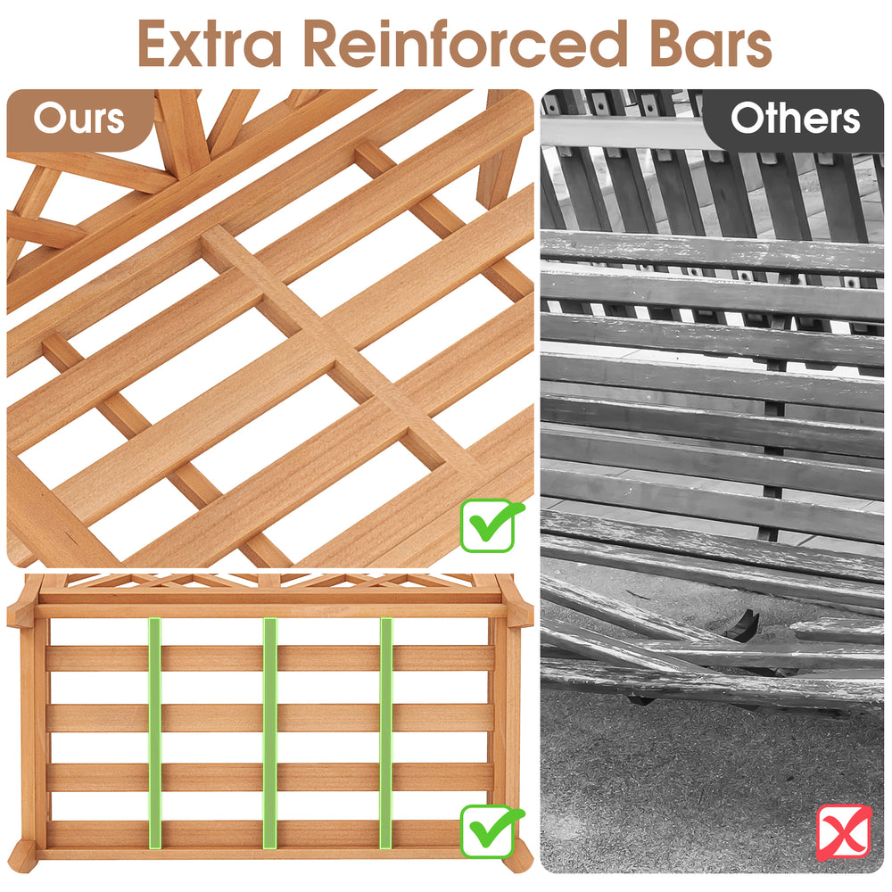 Close-up of reinforced bars on the teak wood outdoor garden bench, showcasing enhanced sturdiness for lasting use.