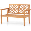 Teak wood outdoor garden bench for two with ergonomic armrests and backrest, ideal for patios and yards.