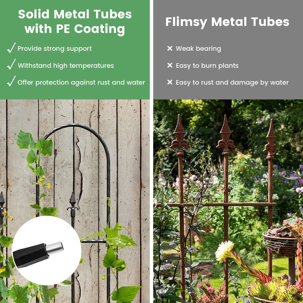 Outdoor garden rose arch trellis made of PE-coated metal tubes, 58 x 73 inches, for supporting climbing plants.