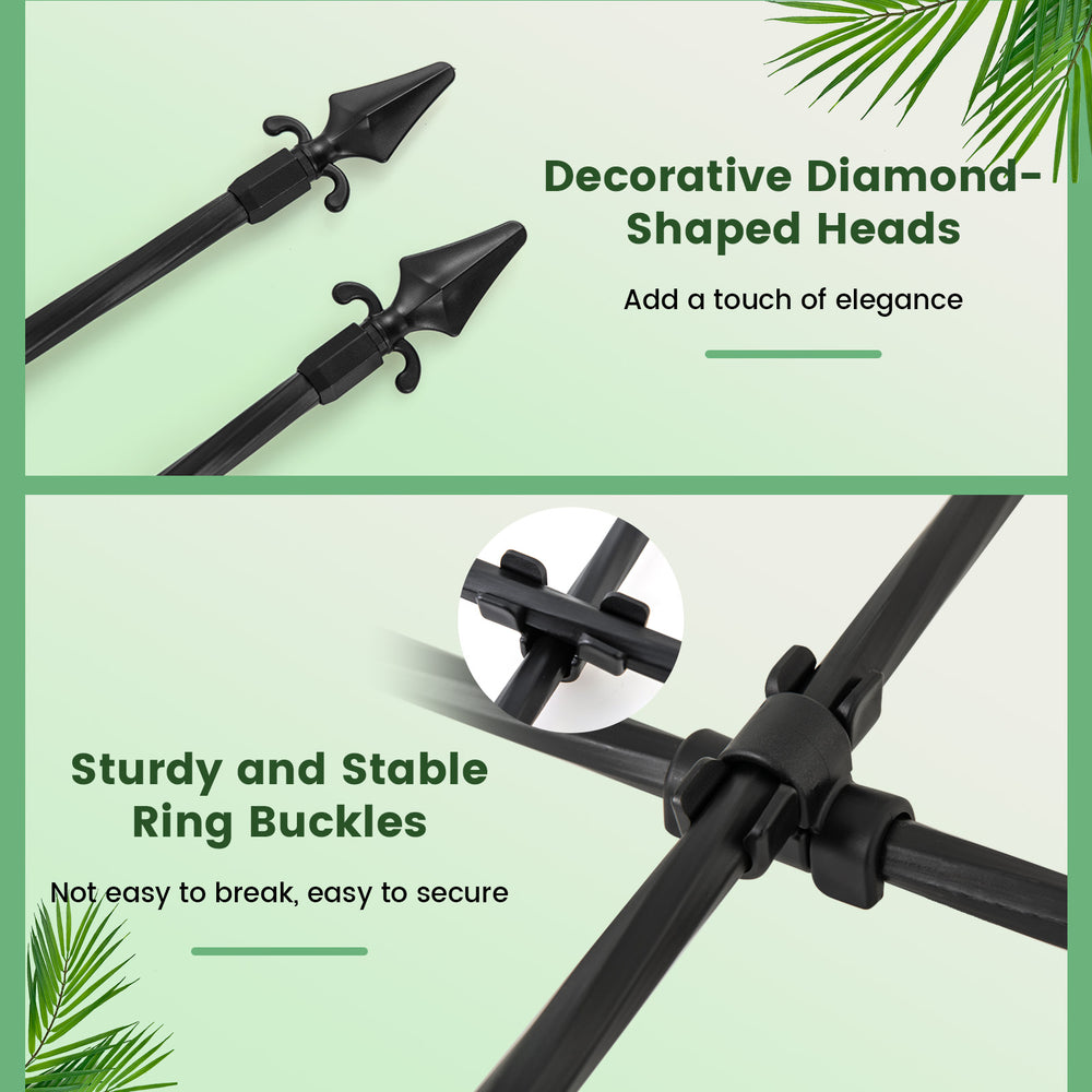 Decorative diamond-shaped heads and sturdy ring buckles of the outdoor garden trellis for climbing plants.