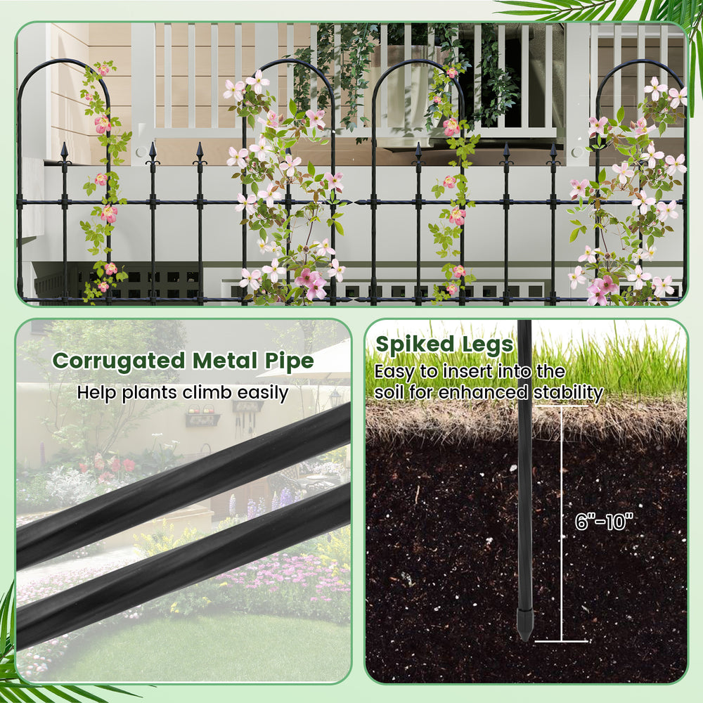 Outdoor garden rose arch trellis made of PE-coated metal, featuring spiked legs for stability and support for climbing.