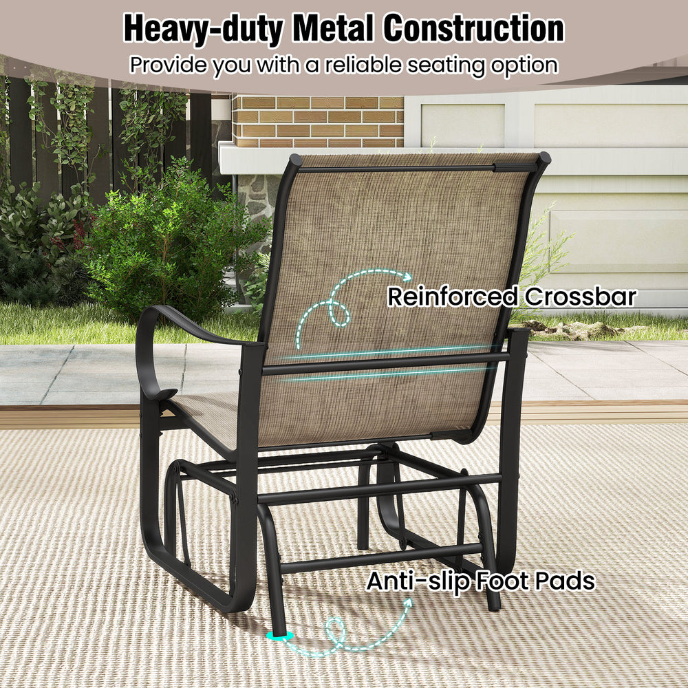 Outdoor glider chair with heavy-duty metal frame, breathable mesh fabric, and reinforced crossbar for patio relaxation.