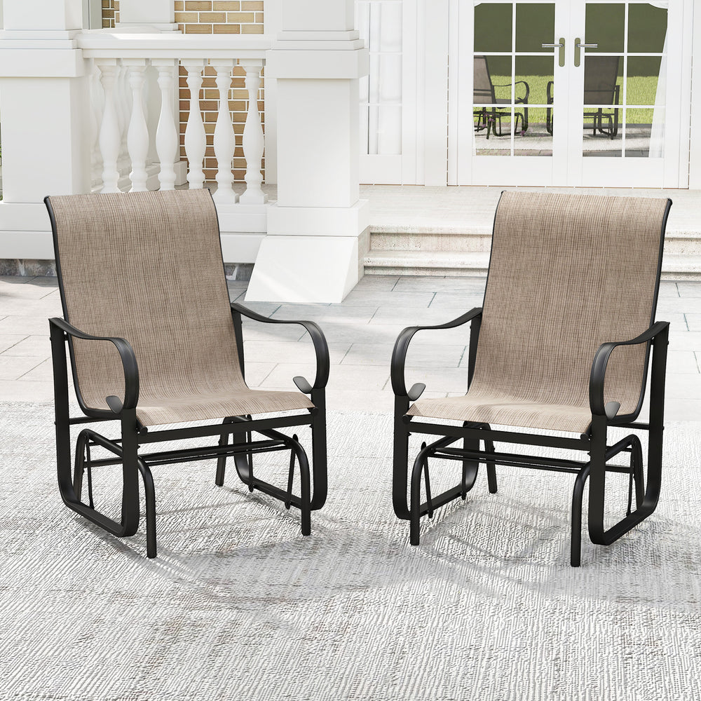 Front view of individual outdoor glider chair featuring breathable mesh fabric and black metal frame, ideal for patio.