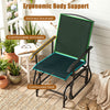 Outdoor glider chair with inclined backrest and armrests, featuring a metal frame for patio relaxation and stability.