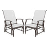 Set of 2 outdoor glider chairs with ergonomic backrest, beige fabric, and sturdy metal frame for patio relaxation.