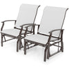 Set of 2 outdoor glider chairs with beige fabric, ergonomic backrest, and sturdy metal frame for patio relaxation.