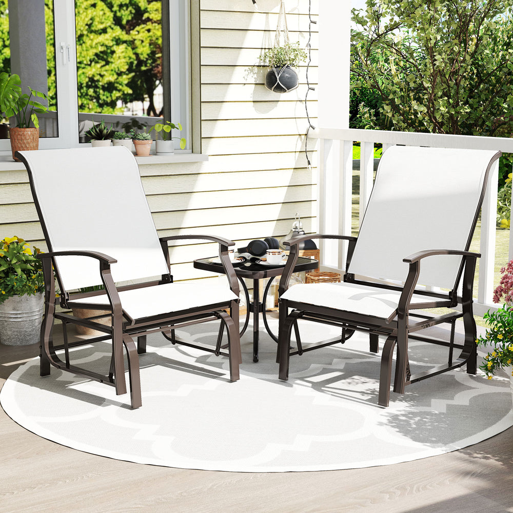 Set of 2 outdoor glider chairs with ergonomic beige fabric, sturdy metal frame, ideal for patio relaxation.