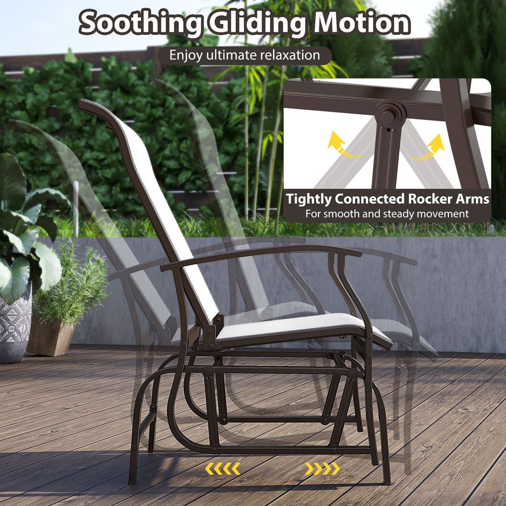 Outdoor glider chair set with ergonomic backrest, beige fabric, and sturdy metal frame for relaxing patio use.