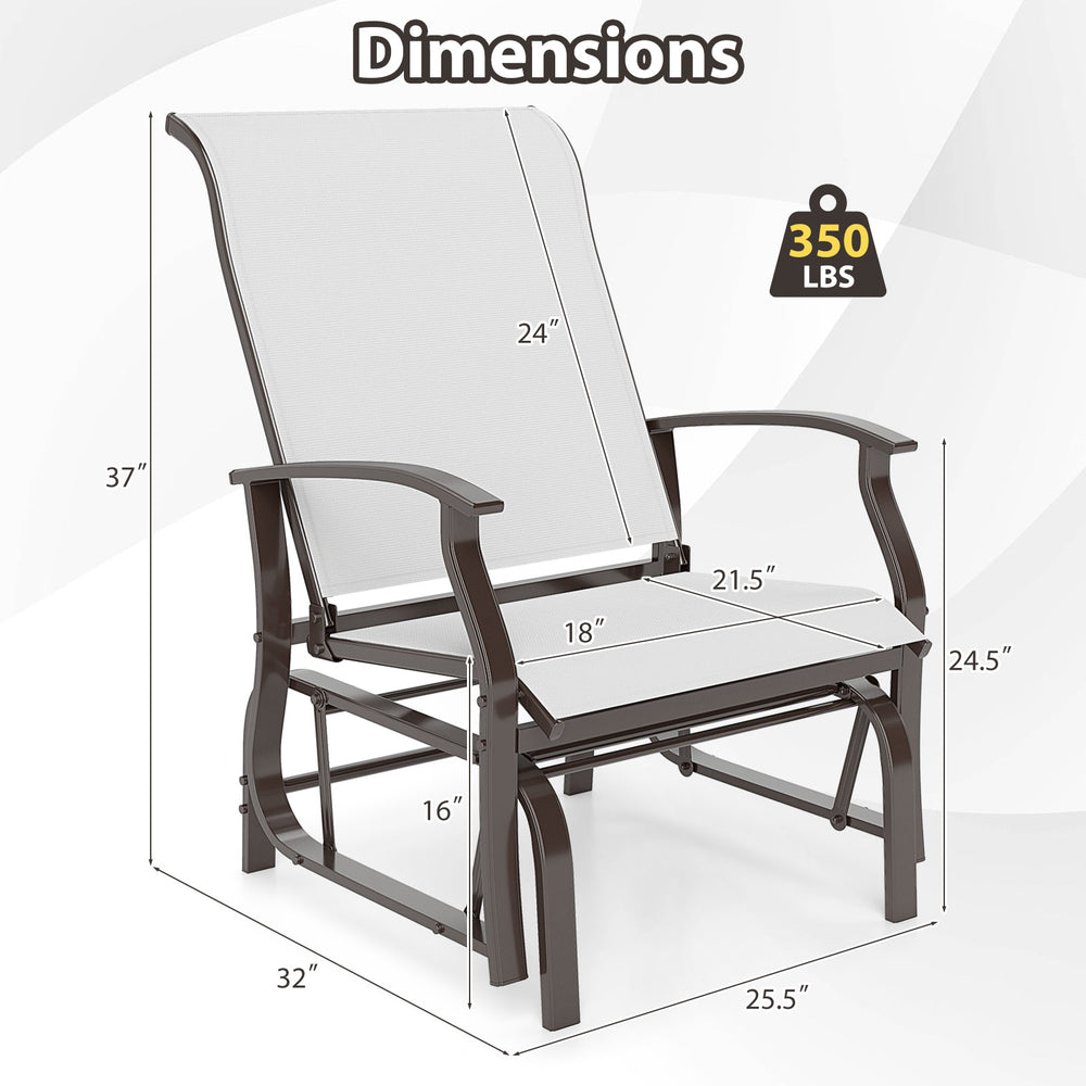 Outdoor glider chair dimensions with ergonomic backrest, beige fabric, and sturdy metal frame for poolside relaxation.
