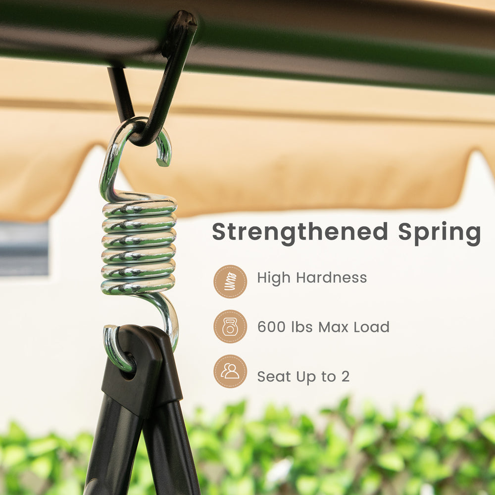 Close-up of the strengthened spring on the 2-seat outdoor swing chair, supporting 600 lbs for safe swinging.