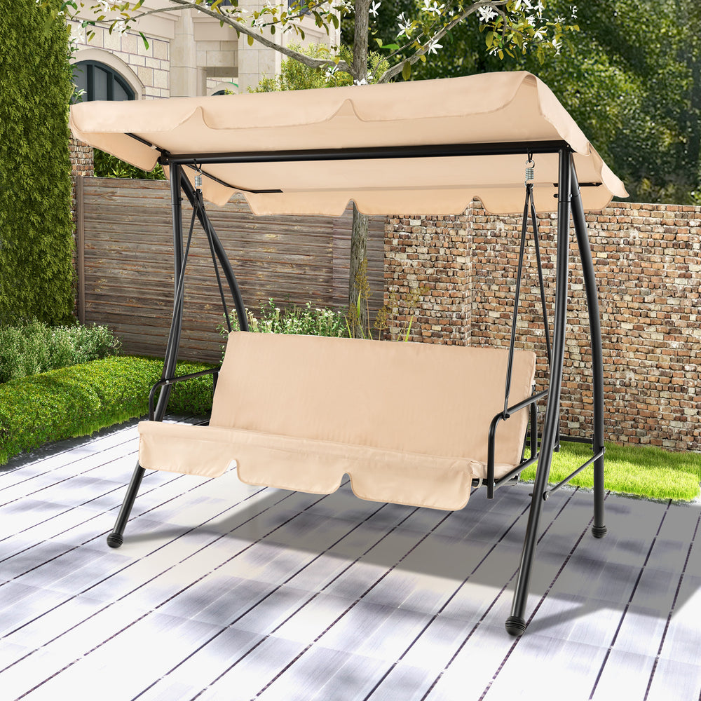 Beige 2-seat outdoor convertible swing chair with adjustable canopy, ideal for garden and backyard relaxation.