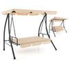 Convertible 2-seat outdoor swing chair in beige with adjustable canopy, suitable for garden and backyard relaxation.