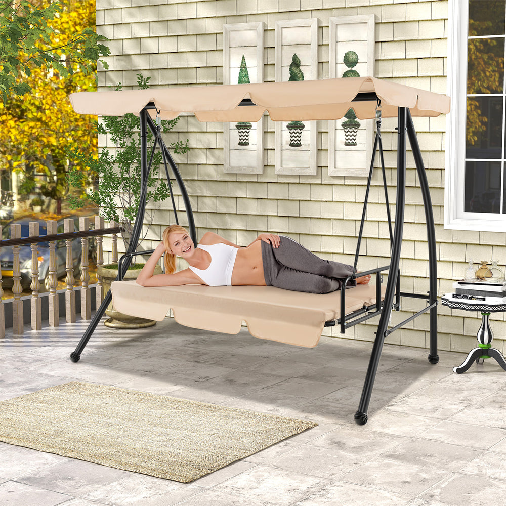 Convertible 2-seat outdoor swing chair in beige with adjustable canopy, perfect for relaxing in the garden or backyard.