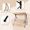 Sturdy triangular structure of the 2-seat outdoor convertible swing chair with adjustable canopy for garden use.
